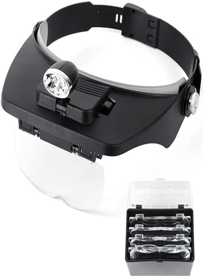 Head Magnifier Glass with Light Optivisor with LED Jewelers Magnifying Glasses 1.2X 2X 1.8X 2.5X 3.5X Optical Headset Magnifying Visor Reading Magnifier Jeweler Loupe with 4 Lens Close Work Magnifier